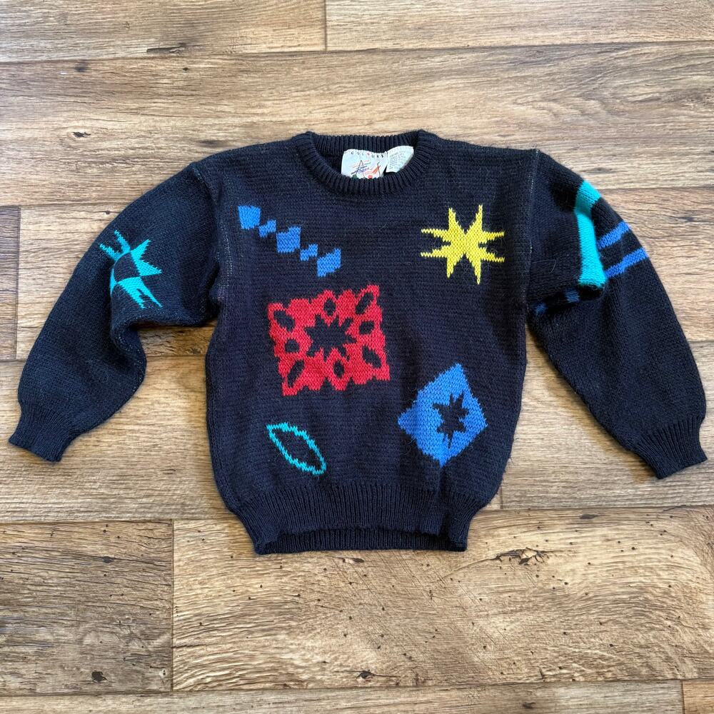 Vintage 80s Kids Colours Abstract Wool Blend Knit Crewneck Sweater